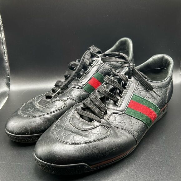 Authentic Men's Gucci Monogram Leather Low Sneakers, 233334, Black, Size 8.5 - Picture 1 of 16